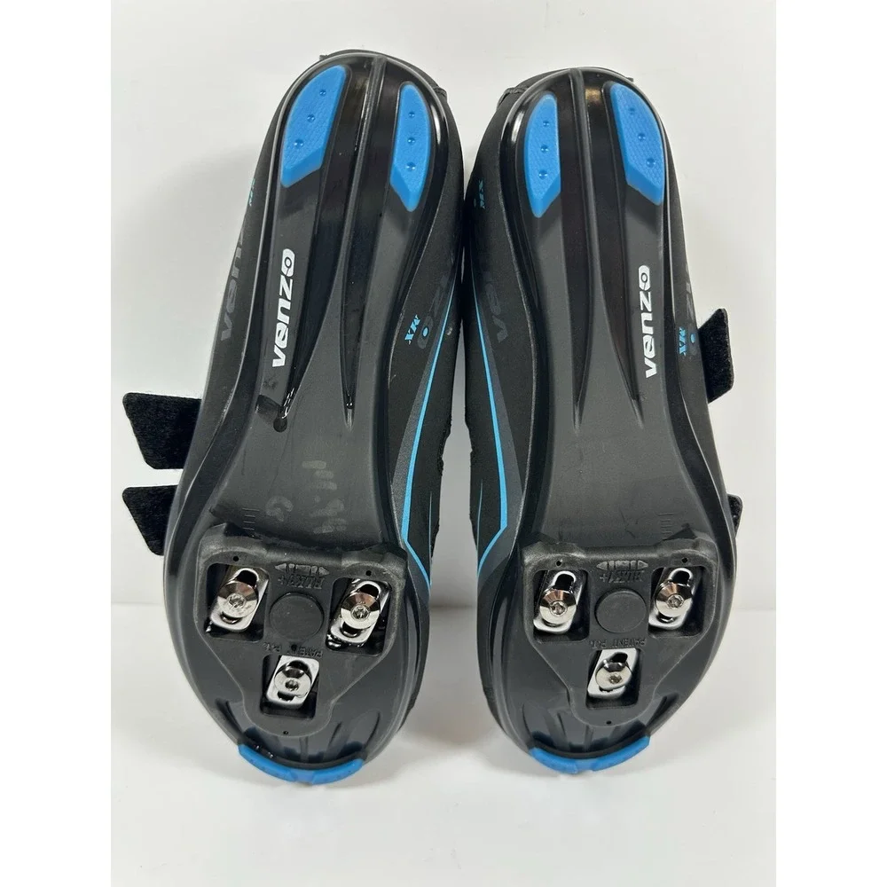 Venzo Cycling Shoes Womens 9 Mens 7.5 Black  Mesh Turquoise Blue W/Cleats 3 Bolt